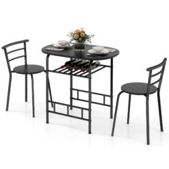 3-Piece Dining Table Set with Extra Wine Rack and Metal Frame-Black