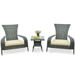 3-Piece Oversized Wicker Adirondack Set with Comfy Seat Cushions-Beige