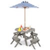 Wooden Kids Picnic Table Set with 4 Chairs and Adjustable Umbrella-Grey