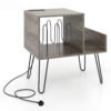 Record Player Stand with Power Outlet and Removable Dividers-Grey