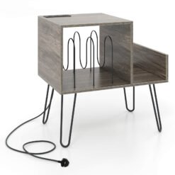 Record Player Stand with Power Outlet and Removable Dividers-Grey