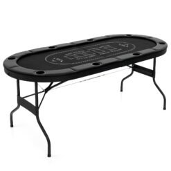 Foldable Poker Table for 8 Players Portable Oval Card Board with Cup Holders-Black