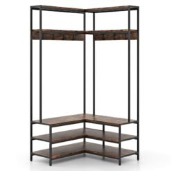 L-shaped Clothes Corner Garment Rack with Open Shelves and 7 Hooks-Rustic Brown