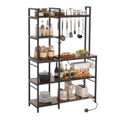 Bakers Rack with Power Outlets and 10 S-Shaped Hooks-Coffee