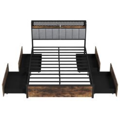 Industrial Metal Platform Bed with LED Lights and USB Power Outlets -King Size