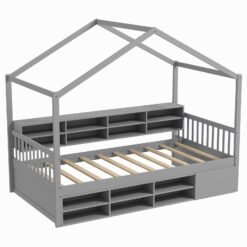 Wooden Single Size House Bed with Roof and 14 Storage Cubes-Grey