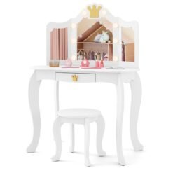 Kids Vanity Set with Lighted Mirror and Adjustable Brightness Pull-out Drawer and Stool-White