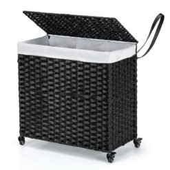 Laundry Hamper with Lid and Wheels and 2 Removable and Washable Liner Bags-Black