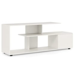 3-Tier Asymmetrical Media Console Table with Storage Shelves and Cabinet-White