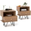 Mid Century Modern End Tables Set of 2 with Removable Drawer-Natural