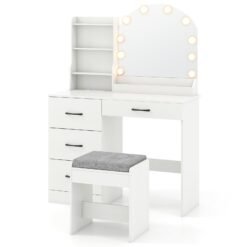 Makeup Vanity Desk with Mirror and Lights Dressing Table and Stool Set-White
