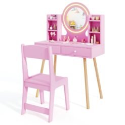 Kids Princess Vanity Desk Set with 2-Color LED Lighted Acrylic Mirror-Pink