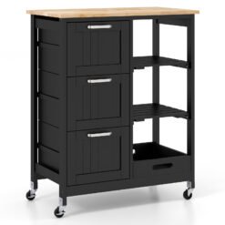Kitchen Island Rolling Cart Utility Cart on Lockable Wheels with 3 Drawers-Black