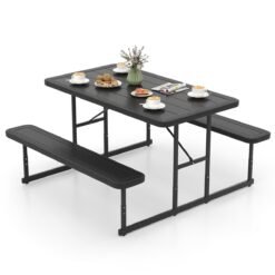 Outdoor Rectangular Camping Dining Table and 2 Benches with Umbrella Hole-Black