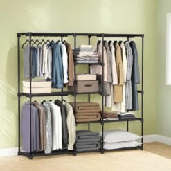 Freestanding Clothes Rack, Fabric Wardrobe with Shelves and Hanging Rails, Bedroom Storage, Black