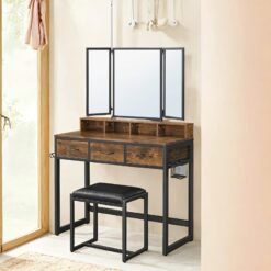 Dressing Table with Mirror and Stool, Vanity Table with Tri-Fold Mirror