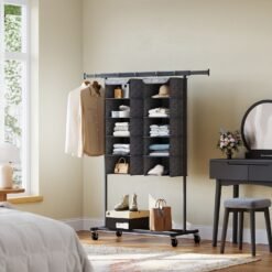 Set of 2 Foldable Hanging Closet Shelves, Wardrobe Storage Organisers with Metal Hooks