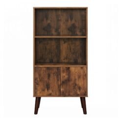 Rustic 3-Tier Storage Shelf with Cabinet Doors, Mid-Century Modern Bookcase for Living Room & Home Office