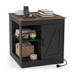 Farmhouse Nightstand with Charging Station Bedside Table with Adjustable Shelf-Black