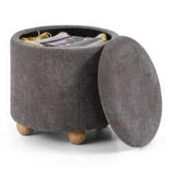 Round Storage Ottoman 45 CM Chenille Fabric Footrest Stool with Removable Lid-Grey