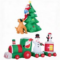 Christmas Inflatable Decoration Set – Santa Chased by Dog & Giant Christmas Train