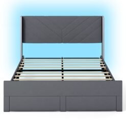 King Size Bed Frame with LED Lights Dutch Velvet Upholstered Platform Bed-Grey
