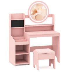 Kids Vanity Desk Princess Pretend Play Dressing Table Set with Mirror and Lights-Pink