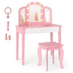 Kids Vanity Table with Mirror and Lights Princess Makeup Vanity Desk-Pink