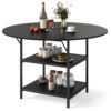 120 CM Round Dining Table with 2-Tier Storage Shelf and Heavy-duty Metal Frame-Black