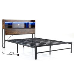 Double/King Size Bed Frame with LED Lights and Charging Station-Rustic Brown-Double Size
