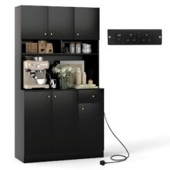 180cm Tall Pantry Cabinet with Outlets and Anti-Tipping Kits-Black