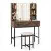 Makeup Dressing Table and Cushioned Stool Set with Power Outlets-Rustic Brown