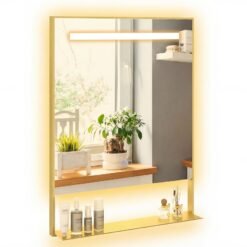 LED Bathroom Mirror with Shelf Aluminum Framed Right-angled Shape-Golden