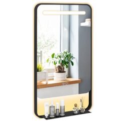 LED Bathroom Mirror with Shelf and Rounded Corner with 3 Light Colors-Black