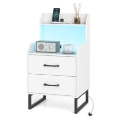 Nightstand Modern Bedside Table with Built-in Charging Station-White