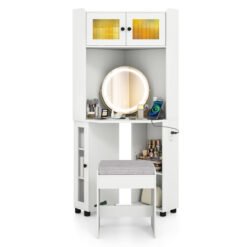 Corner Vanity Desk with Charging Station and Cushioned Stool-White