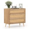 3-Drawer Rattan Dresser Boho Wooden Nightstand with 3 Drawers-Natural