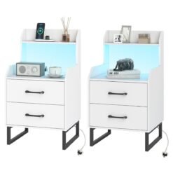 Nightstand Modern Bedside Table Set of 2 with Built-in Charging Station-White