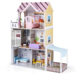 120CM Wooden Dollhouse with 16 Furniture Accessories for Kids Ages 3+-Pink
