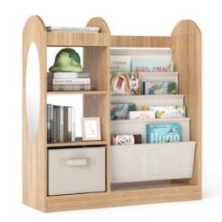Kids Bookshelf with Full-Length Mirror and 4-Tier Sling Shelves-Natural