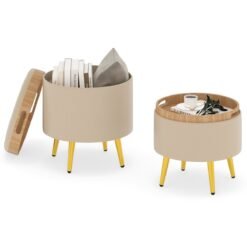 Storage Ottomans Set of 2 Leather Upholstered Round Footrests-Beige