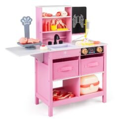 Wood Medical Center Toy Set with Blackboard and Pet Scale for Boys Girls-Pink