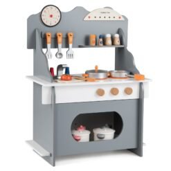 Pretend Play Toy Kitchen Set with Clock Stove Spice Rack for Aged 3+-Grey