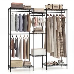 Portable Wardrobe Convertible Clothes Organizer with L-shape and Horizontal Installation-Black