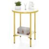 Side Table Modern Round End Table with Faux Marble Top and Bottom Storage Shelf-White