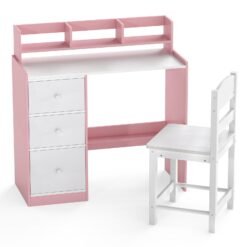 Kids Study Desk and Chair Set Wooden Children Writing Desk with Hutch-Pink