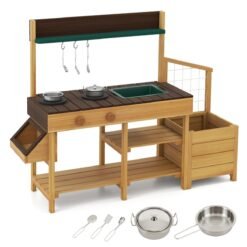 Pretend Mud Kitchen Play Kitchen with Removable Sink and Planter Boxes-Brown