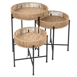 Set of 3 Round Nesting Side Tables Weaving End Tables with Metal Legs-Natural