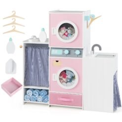 Wooden Kids Laundry Playset Pretend Toy Washing Machine with Laundry Detergent Bottle-Pink