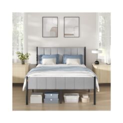Double Metal bed frame with upholstered headboard and easy assembly Dove Grey
